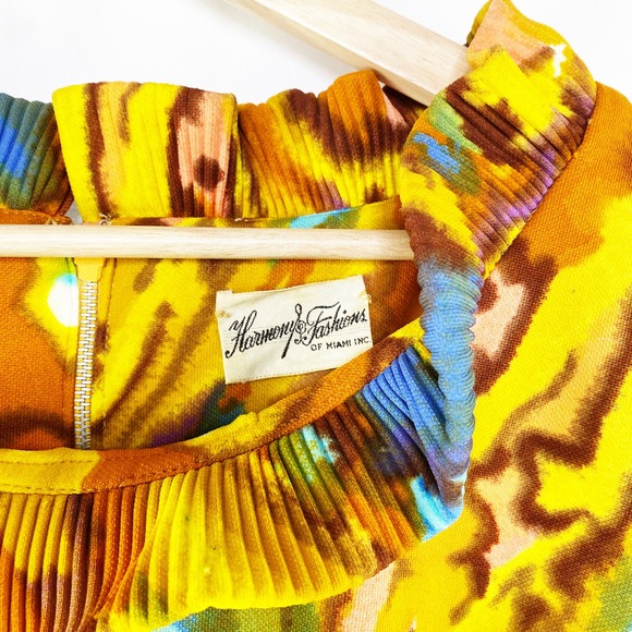 Vintage 70's Dress Abstract Ruffle Watercolor Yellow Quarter Sleeve Approx 12 - Picture 6 of 6